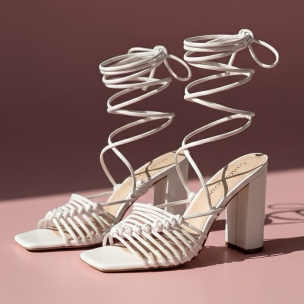 White Wrap Lace Up Square Toe Block Heel Sandals Size 8 Summer Spring
